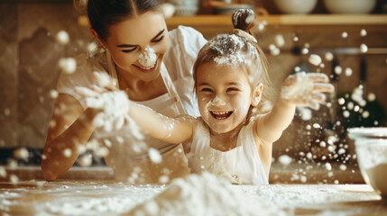 Happy mother and daughter having fun together in the kitchen with flour. A young mother and her child are cooking in the kitchen. Concept of fun, love, motherhood.