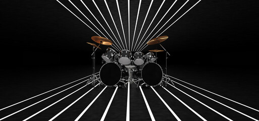 A cool drum kit stands in a dark space with glowing stripes on the floor and ceiling. 3D Render.