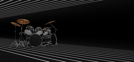 A cool drum kit stands in a dark space with glowing stripes on the floor and ceiling. 3D Render.