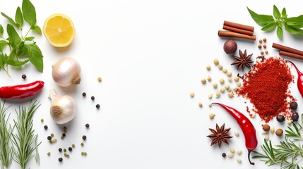 A white background is used to display various cooking ingredients and spices.