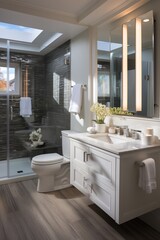 Modern bathroom with large shower and floating vanity
