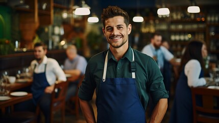 Portrait of a Confident Smiling Caucasian Waiter in a Busy Restaurant