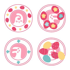 Collection of Easter illustrations. Easter eggs on a plate. Cute bunny. Spring holiday. Vector, isolated objects on white background