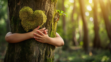 Close-up of children's hands hugging a tree with a heart symbol on it. Concept of love for nature, spring.