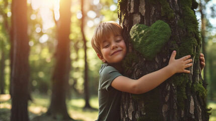 Close-up of children's hands hugging a tree with a heart symbol on it. Concept of love for nature, spring. - obrazy, fototapety, plakaty