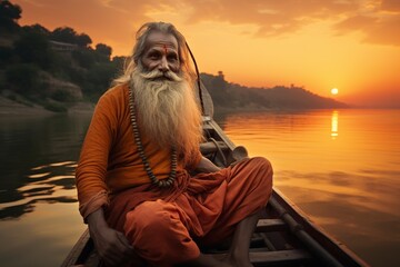 senior indian man on a boat at sunset in the river - obrazy, fototapety, plakaty