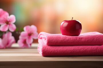 Obraz na płótnie Canvas Two stacked pink towels and red ripe apple on wooden table on blurred background with beautiful blooming flowers, accessories for spa skin care and relaxation treatments in wellness salon