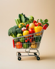 Shopping cart full of healthy food fruits and vegetables isolated on beige background. Grocery and food store concept
