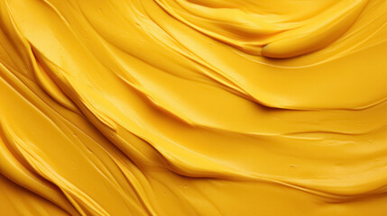 Abstract monochrome closeup texture of mustard yellow oil paint with streaks from the brush in the...