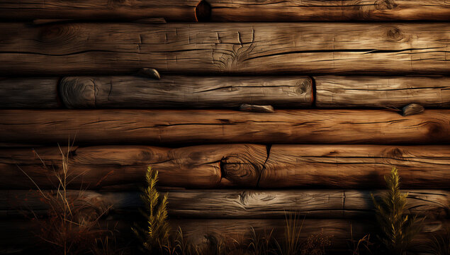 Parede de madeira de Cabana com textura profunda ao entardecer