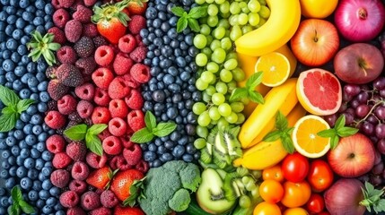 A collage of fruits and vegetables in a rainbow array, symbolizing balanced nutrition and the importance of a healthy diet - obrazy, fototapety, plakaty