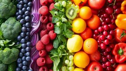 A collage of fruits and vegetables in a rainbow array, symbolizing balanced nutrition and the importance of a healthy diet - obrazy, fototapety, plakaty