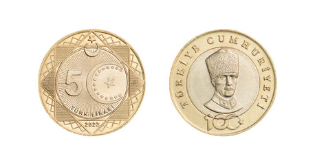 5 Turkish Lira (5 TL). Turkish Lira coin isolated on white background. Coın of Turkey. - obrazy, fototapety, plakaty