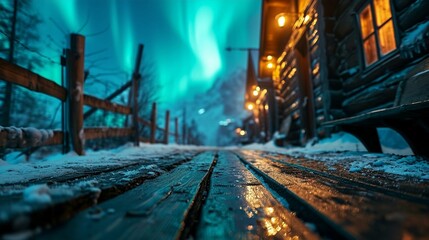 Naklejka premium Aurora borealis wooden surface.