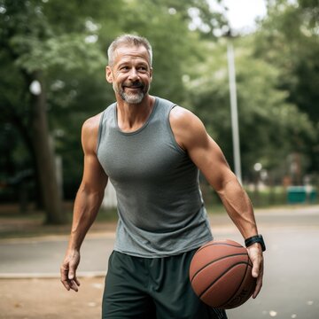 Smiling middle-aged man playing basketball