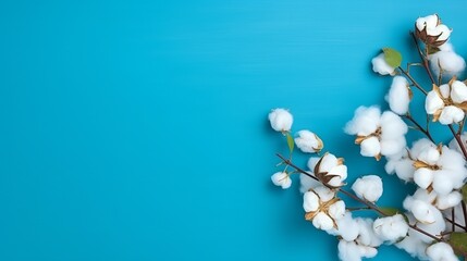 The top view of a cotton plant has white flowers and is on turquoise blue fabric