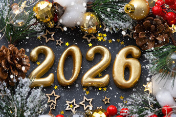 The golden figures 2026 made of candles on a black stone slate background are decorated with a festive decor of stars, sequins, fir branches, balls and garlands. Greeting card, happy New Year.