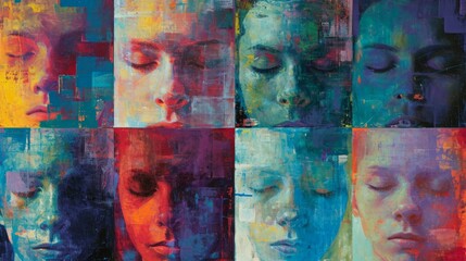 A series of abstract portraits with varying facial expressions and distinct, colorful auras