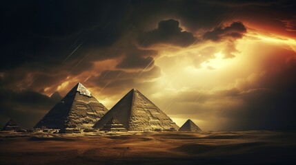 ancient egyptian pyramids on a dark night and many storms