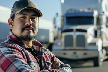 Truck driver with his truck in background