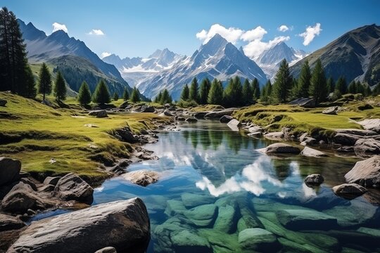 Stunning mountain landscape with crystal clear river and lush green meadows