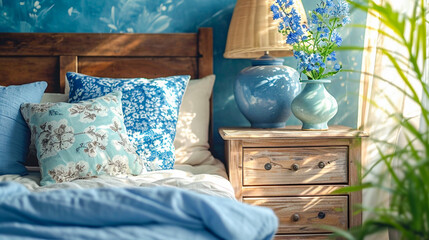 Comfortable bed with blue and white pillows and blue flowers in a vase.