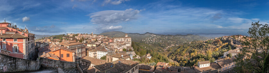 Fototapeta na wymiar A panorama view at Porta Sole overlooking a valley in Perugia, Umbrian, Italy.