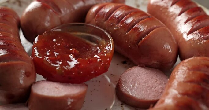 Grill smoked sausages with chili sauce
