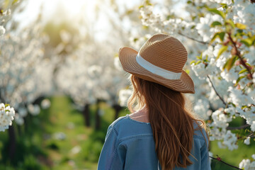 Woman enjoying time in blossom cherry orchard at spring - obrazy, fototapety, plakaty