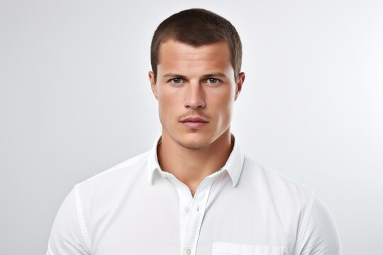 Portrait of handsome young man in white shirt. Studio shot.