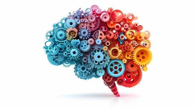 Abstract depiction of a brain made up of intricate, colorful gears and cogs