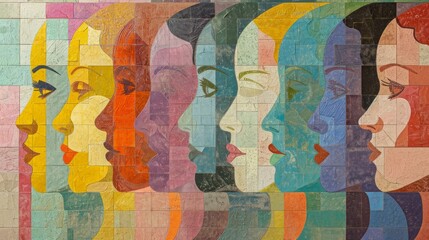 Abstract interpretation of Women’s History Month, with a mosaic of diverse female faces in subtle outlines, interwoven with symbols of empowerment and achievement