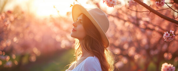 Woman enjoying time in blossom cherry orchard at spring - obrazy, fototapety, plakaty
