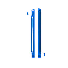 White symbol with thin blue vertical straps. letter l