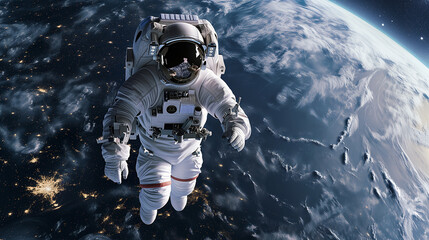 Spaceman floats weightlessly in outer space, contrasting spacesuit against beauty of Earth below