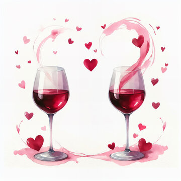 Two glasses of red wine and hearts between, wine splashing. Watercolor illustration for Valentine's Day, Wedding, Marriage, Romantic evening. Isolated on white background. Hand-drawn greeting card