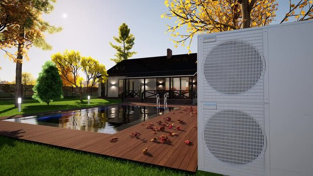 HVAC technician installs heating, ventilation and air conditioning systems. Heat pump 3D animation