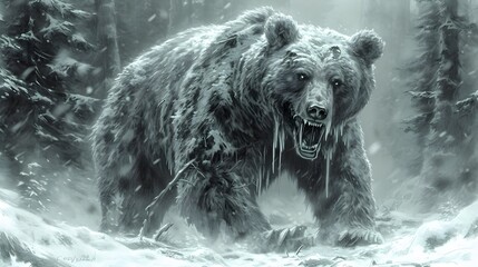 Scary Decaying Zombie Bear in a Creepy Haunted Forest at. Grizzly Bear Painting. Zombie Animal Background/Wallpaper