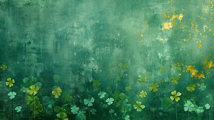 Create an abstract depiction of St. Patrick's Day, with various shades of green, interspersed with symbols like clovers and gold coins - obrazy, fototapety, plakaty