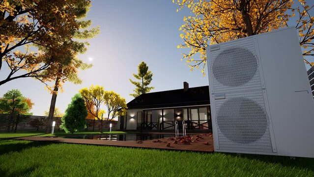 HVAC technician installs heating, ventilation and air conditioning systems. Heat pump 3D animation