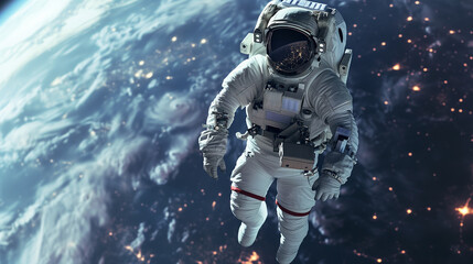 Fototapeta na wymiar Spaceman's spacesuit becomes symbol of human exploration against the backdrop of Earth's surface