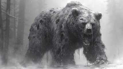 Horrifying Rotting Zombie Grizzly Bear Lurking in a Foggy Mysterious Forest at Night. Zombie Animal Painting. Zombie Background/Wallpaper
