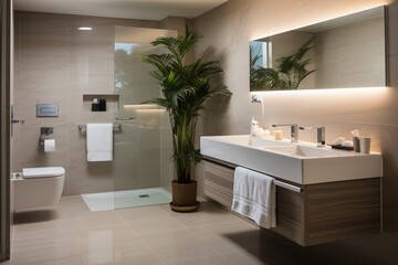 Fototapeta na wymiar Bathroom interior with plants and modern fixtures