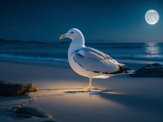 enchanting radiance during the rejuvenation of the age-defying seagull, with its feathers emitting a bioluminescent glow against the backdrop of a serene moonlit beach