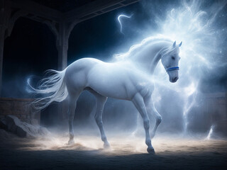 white horse, a mystical atmosphere within an ancient, starlit stable