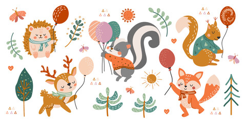 Set of cute forest animals with balloons. Vector illustration in hand-drawn style. Deer, squirrel, skunk, hedgehog and fox in flat style. Collection for postcards, banners, posters, prints. Clipart.