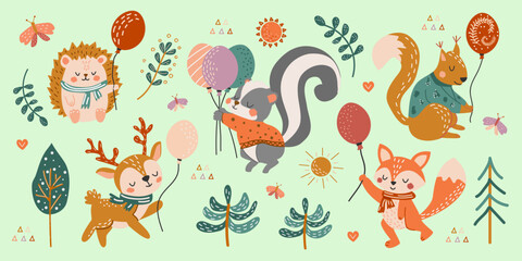 Obraz premium Set of cute forest animals with balloons. Vector illustration in hand drawn style. Deer, squirrel, skunk, hedgehog, fox in flat style. Children's creative illustration.