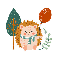 Cute hedgehog. Vector children's illustration with forest animal. Hedgehog with balloon. Postcard, print for clothes, printing. White isolated background. 