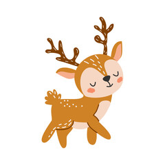 Cute cartoon reindeer vector illustration in flat style. Beautiful forest animal. For poster, greeting card and kids design. White isolated background.