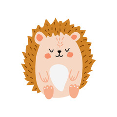 Cute cartoon hedgehog vector illustration in flat style. Beautiful forest animal. For poster, greeting card and kids design. White isolated background. Hand drawn. 